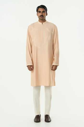 Line Out Line_Beige Chanderi Meta Twist Kurta _at_Aza_Fashions