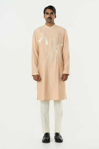 Line Out Line_Beige Chanderi Axis Embroidered Kurta _Online_at_Aza_Fashions