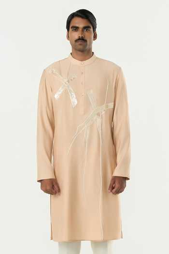Buy_Line Out Line_Beige Chanderi Axis Embroidered Kurta _at_Aza_Fashions
