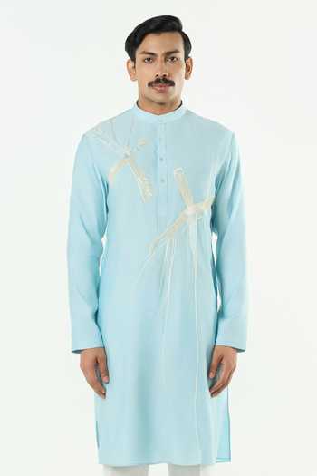 Buy_Line Out Line_Blue Chanderi Axis Embroidered Kurta _at_Aza_Fashions