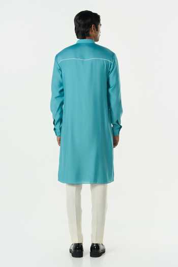 Line Out Line_Teal Chanderi Pixel Wrap Kurta _Online_at_Aza_Fashions
