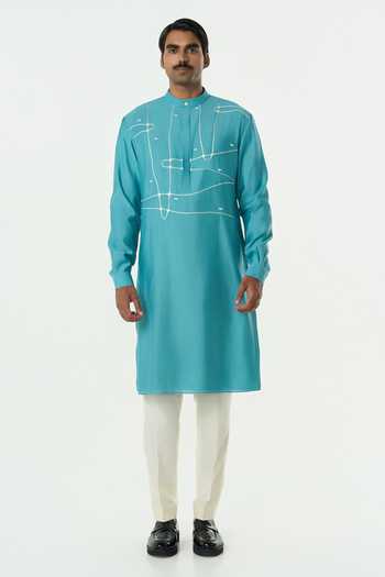 Shop_Line Out Line_Teal Chanderi Pixel Wrap Kurta _Online_at_Aza_Fashions