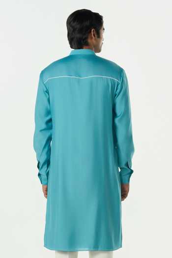 Shop_Line Out Line_Teal Chanderi Pixel Wrap Kurta _at_Aza_Fashions