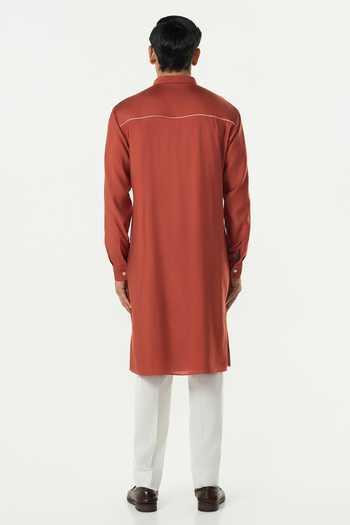 Line Out Line_Rust Chanderi Pixel Wrap Embroidered Kurta _Online_at_Aza_Fashions