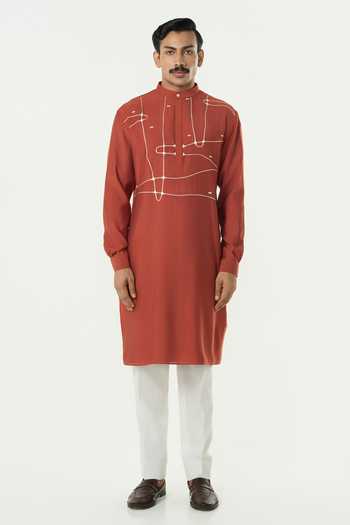 Buy_Line Out Line_Rust Chanderi Pixel Wrap Embroidered Kurta _Online_at_Aza_Fashions