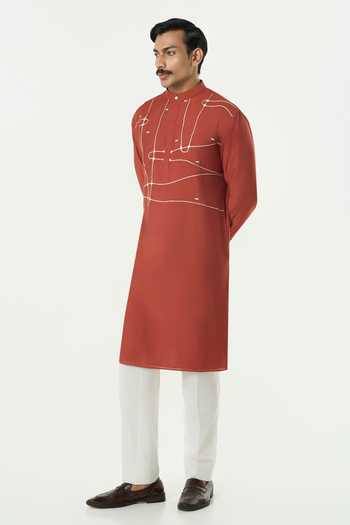 Shop_Line Out Line_Rust Chanderi Pixel Wrap Embroidered Kurta _Online_at_Aza_Fashions