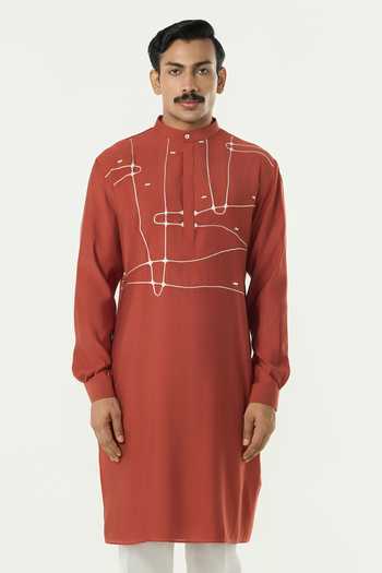 Buy_Line Out Line_Rust Chanderi Pixel Wrap Embroidered Kurta _at_Aza_Fashions