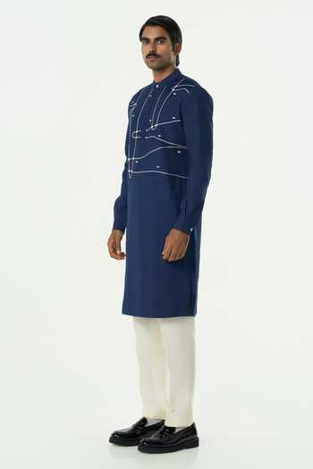 Shop_Line Out Line_Navy Chanderi Embroidered Pixel Wrap Kurta _Online_at_Aza_Fashions