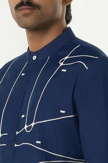 Line Out Line_Navy Chanderi Embroidered Pixel Wrap Kurta _at_Aza_Fashions