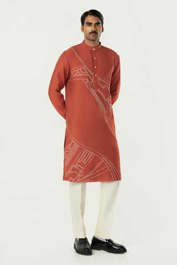 Shop_Line Out Line_Rust Chanderi Avenue Embroidered Kurta _Online_at_Aza_Fashions