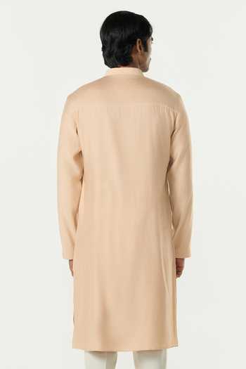 Shop_Line Out Line_Beige Chanderi Geo Block Embroidered Kurta _at_Aza_Fashions