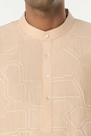 Line Out Line_Beige Chanderi Geo Block Embroidered Kurta _at_Aza_Fashions