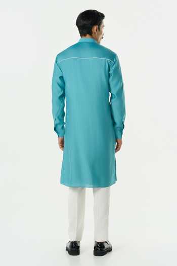 Buy_Line Out Line_Teal Chanderi Geo Block Embroidered Kurta _Online_at_Aza_Fashions