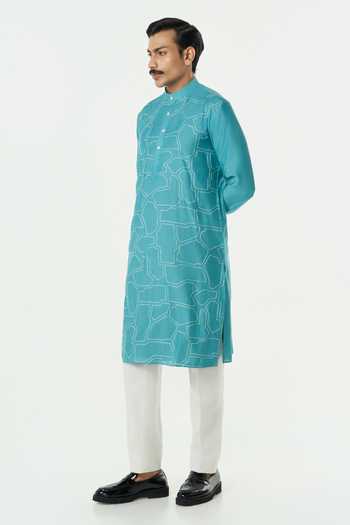 Shop_Line Out Line_Teal Chanderi Geo Block Embroidered Kurta _Online_at_Aza_Fashions