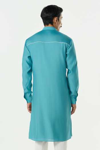 Shop_Line Out Line_Teal Chanderi Geo Block Embroidered Kurta _at_Aza_Fashions