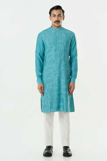 Line Out Line_Teal Chanderi Geo Block Embroidered Kurta _at_Aza_Fashions