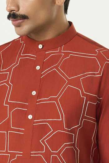 Line Out Line_Orange Chanderi Geo Block Embroidered Kurta _Online_at_Aza_Fashions