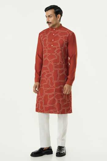 Shop_Line Out Line_Orange Chanderi Geo Block Embroidered Kurta _Online_at_Aza_Fashions