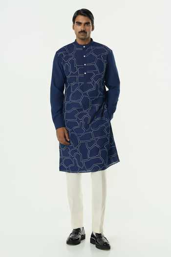 Buy_Line Out Line_Navy Chanderi Embroidered Geo Block Kurta _Online_at_Aza_Fashions