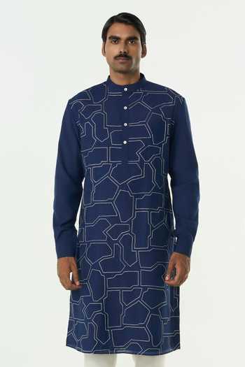 Buy_Line Out Line_Navy Chanderi Embroidered Geo Block Kurta _at_Aza_Fashions