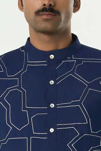 Line Out Line_Navy Chanderi Embroidered Geo Block Kurta _at_Aza_Fashions