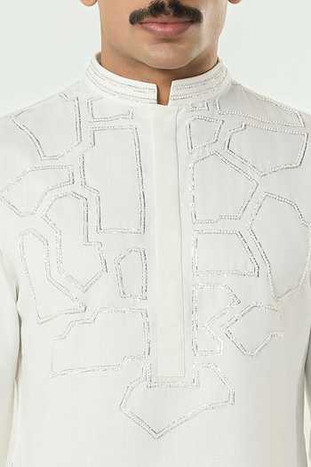 Line Out Line_Off White Chanderi Geo Frame Embroidered Kurta _at_Aza_Fashions