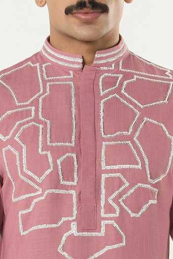 Line Out Line_Pink Cotton Geo Frame Embroidered Yoke Kurta _Online_at_Aza_Fashions