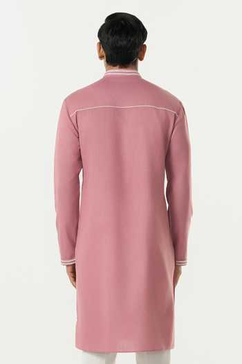 Shop_Line Out Line_Pink Cotton Geo Frame Embroidered Yoke Kurta _at_Aza_Fashions