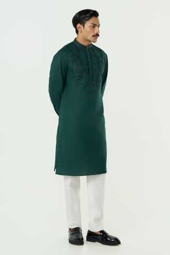 Shop_Line Out Line_Green Cotton Geo Frame Embroidered Kurta _Online_at_Aza_Fashions