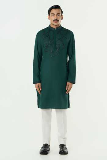 Line Out Line_Green Cotton Geo Frame Embroidered Kurta _at_Aza_Fashions