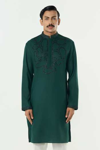 Buy_Line Out Line_Green Cotton Geo Frame Embroidered Kurta _at_Aza_Fashions