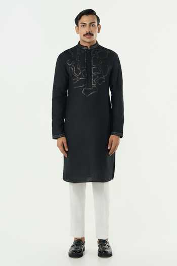 Shop_Line Out Line_Black Cotton Embroidered Geo Frame Kurta _Online_at_Aza_Fashions