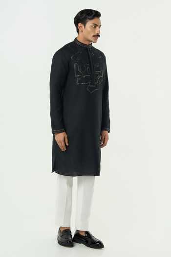 Line Out Line_Black Cotton Embroidered Geo Frame Kurta _at_Aza_Fashions