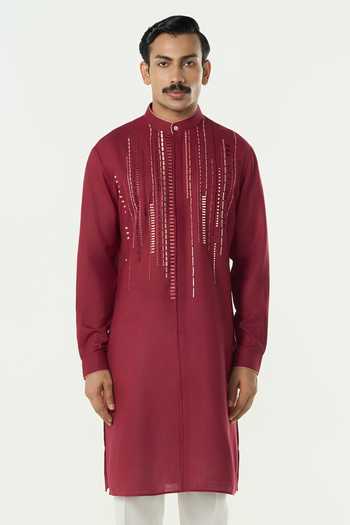 Buy_Line Out Line_Maroon Cotton Embroidered Lume City Kurta _at_Aza_Fashions