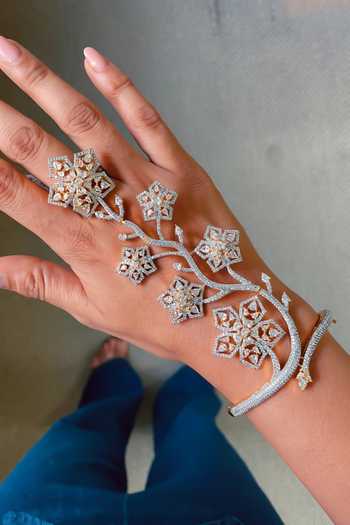 Buy_PRERTO_Gold Plated Two Tone Floral Studded Hand Harness _at_Aza_Fashions