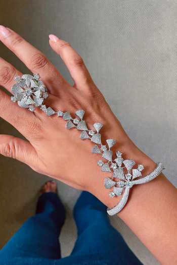 Buy_PRERTO_Silver Plated Floral Faux Diamond Studded Hand Harness _at_Aza_Fashions