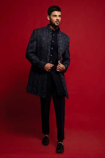 Buy_Sven Suits_Blue Velvet Embroidered Sherwani Set _at_Aza_Fashions