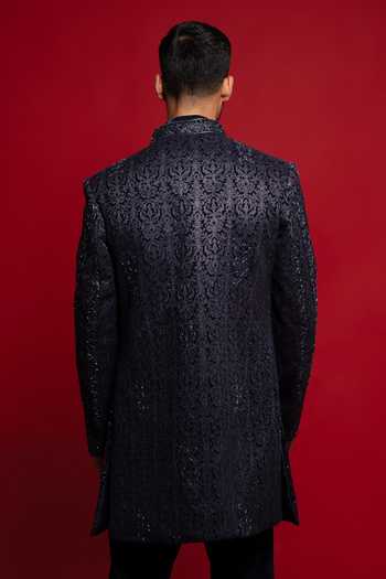 Shop_Sven Suits_Blue Velvet Embroidered Sherwani Set _at_Aza_Fashions
