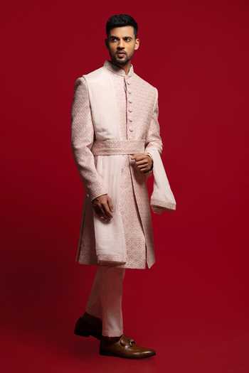 Sven Suits_Purple Silk Embroidered Sherwani Set _Online_at_Aza_Fashions