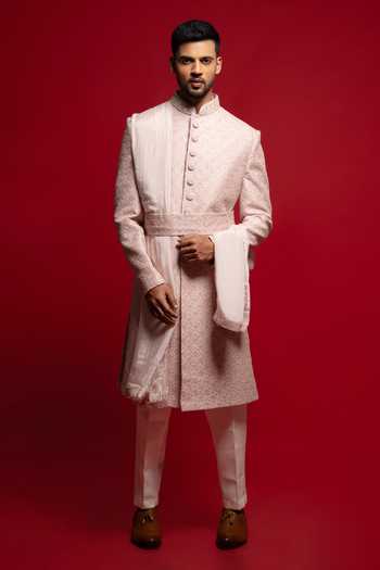 Buy_Sven Suits_Purple Silk Embroidered Sherwani Set _at_Aza_Fashions