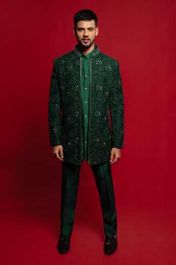 Buy_Sven Suits_Green Velvet Embroidered Sherwani And Kurta Set _Online_at_Aza_Fashions