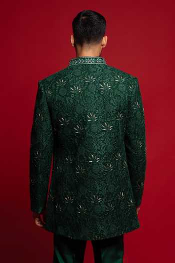 Shop_Sven Suits_Green Velvet Embroidered Sherwani And Kurta Set _at_Aza_Fashions