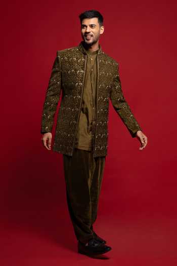Sven Suits_Green Velvet Embroidered Sherwani Set _Online_at_Aza_Fashions