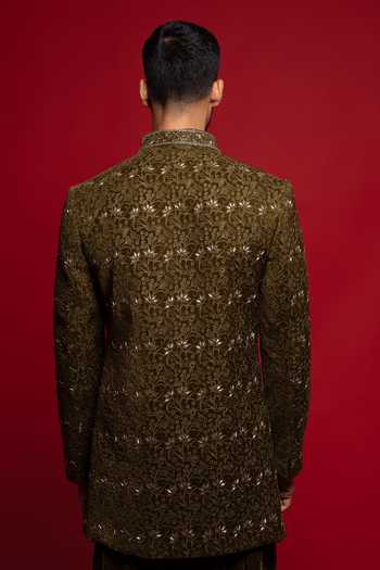 Shop_Sven Suits_Green Velvet Embroidered Sherwani Set _at_Aza_Fashions
