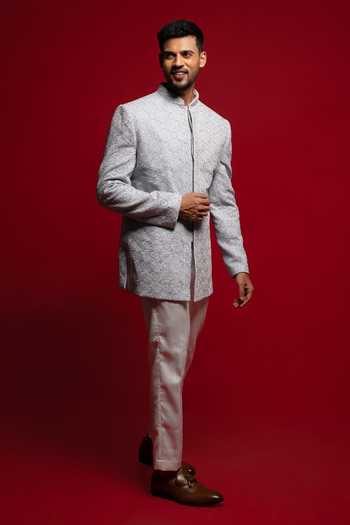 Buy_Sven Suits_Blue Velvet Embroidery, Beads Bandhgala Set _at_Aza_Fashions