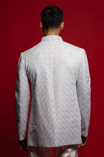 Shop_Sven Suits_Blue Velvet Embroidery, Beads Bandhgala Set _at_Aza_Fashions
