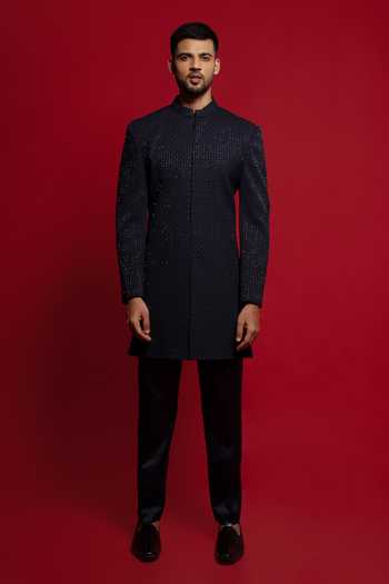 Buy_Sven Suits_Blue Polyester Embroidered Sherwani Set _Online_at_Aza_Fashions