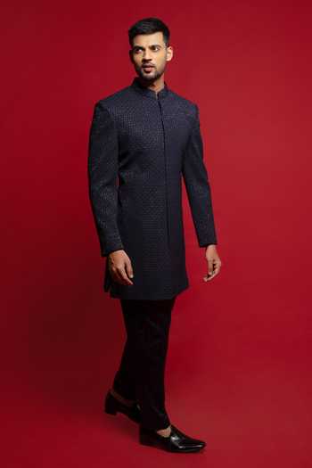 Buy_Sven Suits_Blue Polyester Embroidered Sherwani Set _at_Aza_Fashions