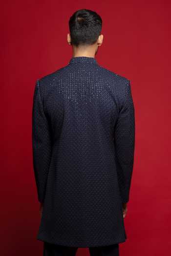 Shop_Sven Suits_Blue Polyester Embroidered Sherwani Set _at_Aza_Fashions