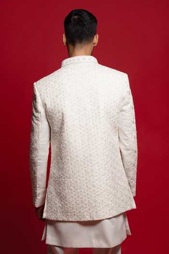 Shop_Sven Suits_White Silk Embroidery, Beads, Zari, Stones, Cut Work Front Open Sherwani Set _at_Aza_Fashions